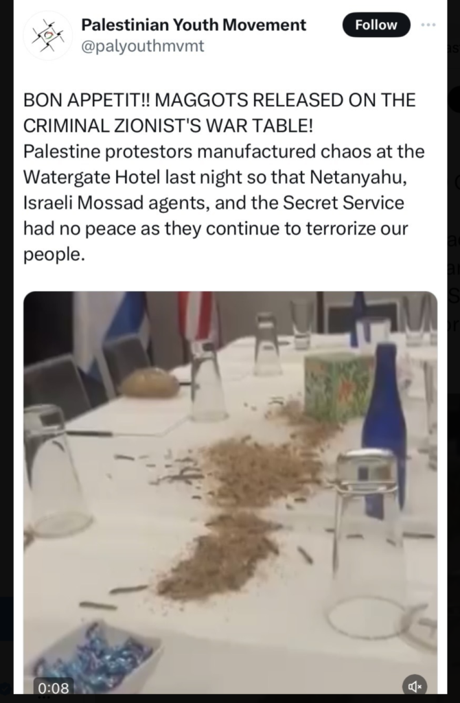 Pro-Hamas savages dump maggots and worms at Washington DC hotel where Israeli delegation was staying
